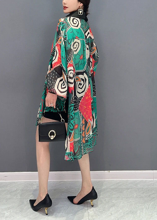 Fashion Green Oversized Print Chiffon Long Shirts Spring