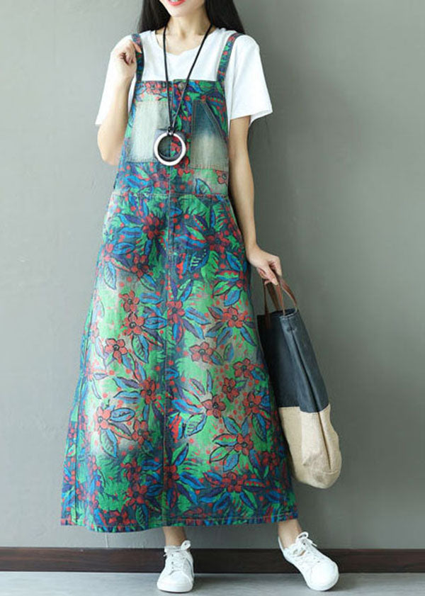 Fashion Green Patchwork Pockets Print Elastic Waist Dress Spring