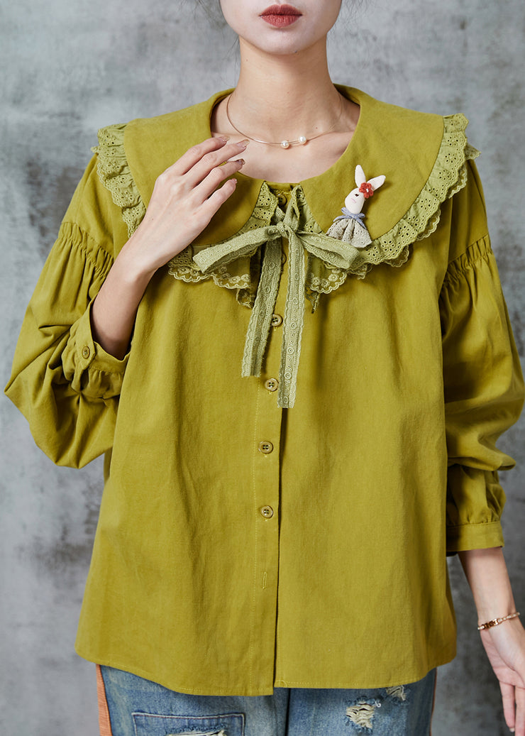 Fashion Green Peter Pan Collar Patchwork Lace Cotton Shirt Spring