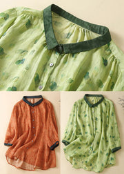 Fashion Green Peter Pan Collar Print Button Linen Shirts Long Sleeve