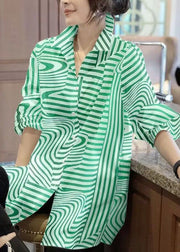 Fashion Green Peter Pan Collar Striped Chiffon Shirts Top Spring