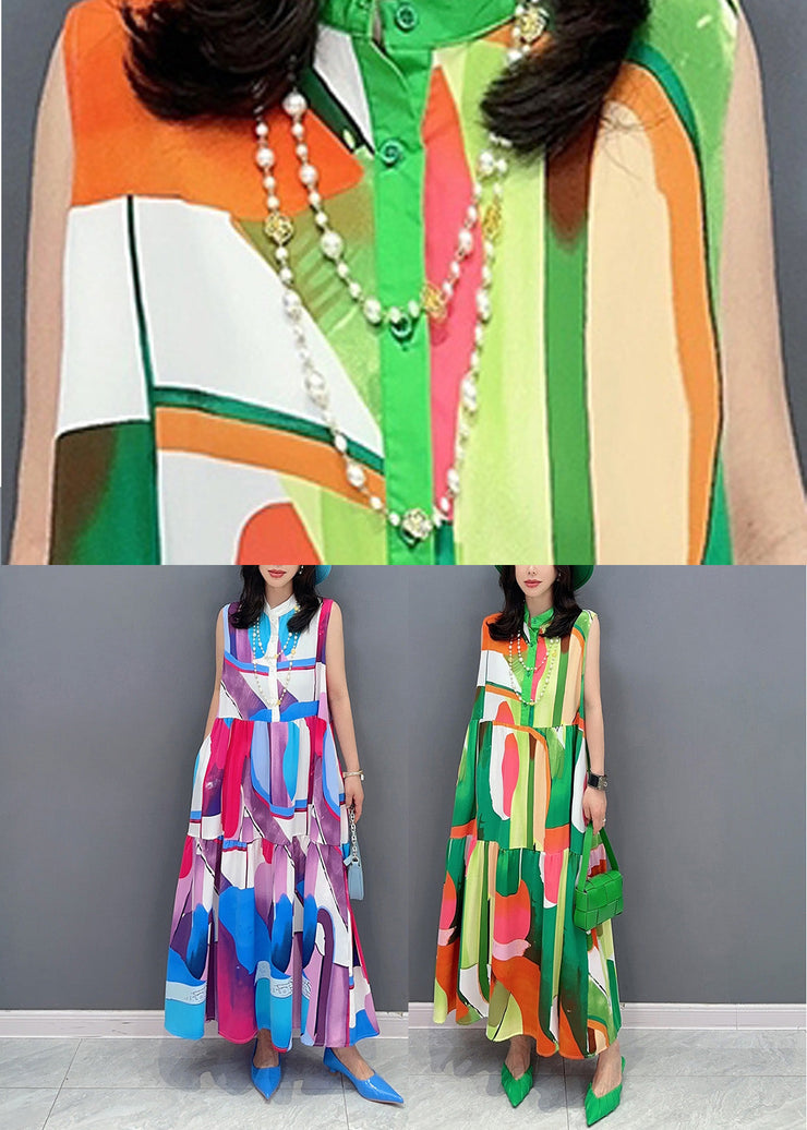 Fashion Green Print Button Vacation Maxi Dresses Sleeveless