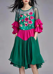 Fashion Green Print Tulle Patchwork Chiffon Mid Dress Butterfly Sleeve