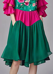 Fashion Green Print Tulle Patchwork Chiffon Mid Dress Butterfly Sleeve