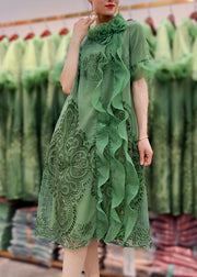 Fashion Green Ruffled Floral Embroideried Patchwork Tulle Dresses Summer