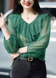 Fashion Green Ruffled Print Chiffon Top Bracelet Sleeve