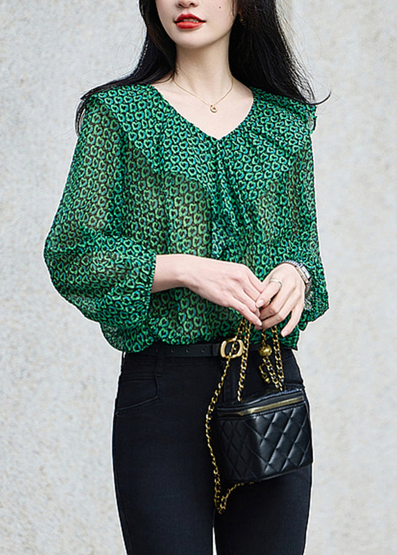 Fashion Green Ruffled Print Chiffon Top Bracelet Sleeve