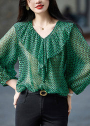 Fashion Green Ruffled Print Chiffon Top Bracelet Sleeve