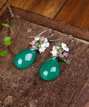 Fashion Green Silver Inlaid Shell Flower Chalcedony Pearl Drop Earrings