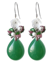 Fashion Green Silver Inlaid Shell Flower Chalcedony Pearl Drop Earrings