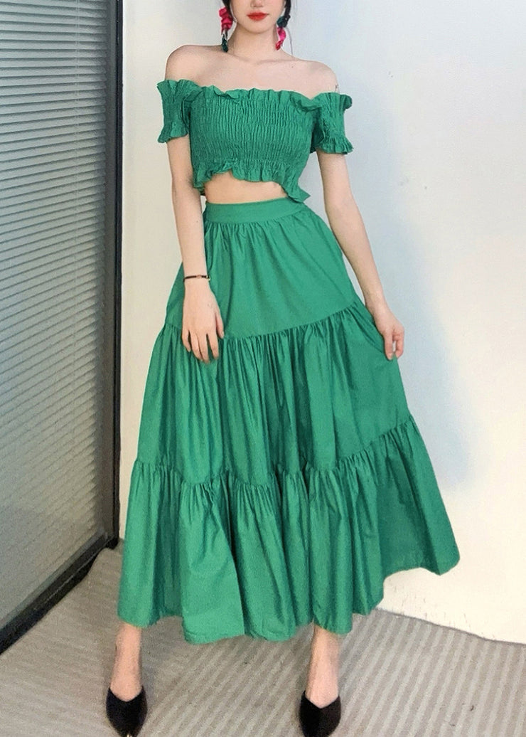 Fashion Green Slash Neck Ruffled Top And Maxi Skirts Two Piece Set Summer