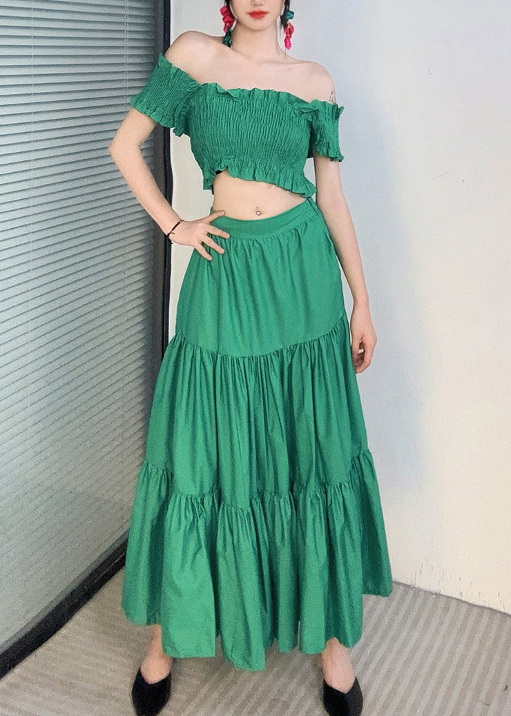 Fashion Green Slash Neck Ruffled Top And Maxi Skirts Two Piece Set Summer