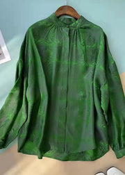 Fashion Green Stand Collar Button Jacquard Silk Blouse Tops Long Sleeve