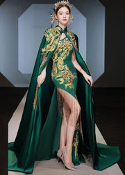 Fashion Green Stand Collar Embroidered Long Cloak And Dress Silk Two Pieces Set Long Sleeve