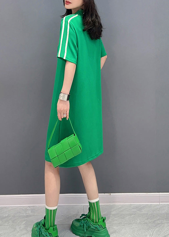 Fashion Green Stand Collar Mid Dress Summer