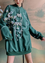 Fashion Green Stand Collar Tassel Button Sweatshirts Long Sleeve