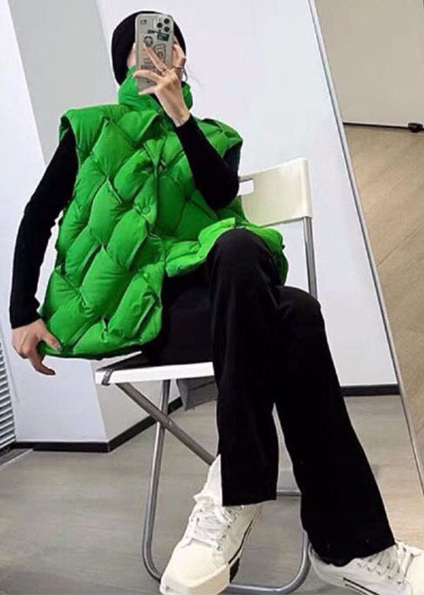 Fashion Green Stand Collar Woven Thick Duck Down Vest Winter