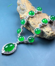 Fashion Green Sterling Silver Inlaid Zircon Chalcedony Pendant Necklace