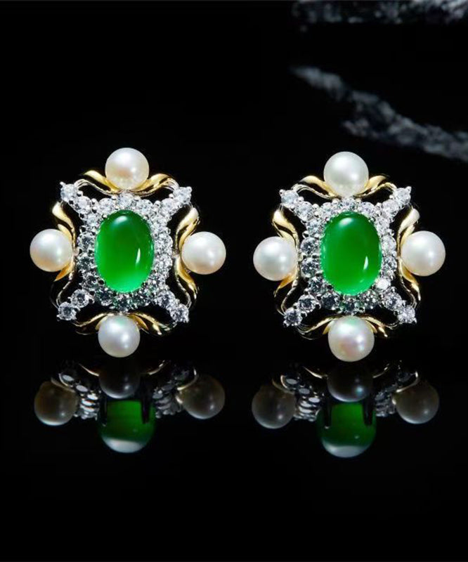 Fashion Green Sterling Silver Overgild Zircon Jade Pearl Stud Earrings