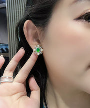 Fashion Green Sterling Silver Overgild Zircon Jade Pearl Stud Earrings