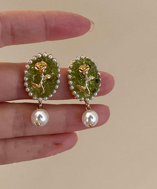 Fashion Green Sterling Silver Rose Pearl Drop Earrings