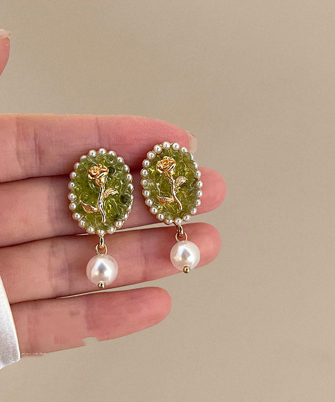 Fashion Green Sterling Silver Rose Pearl Drop Earrings