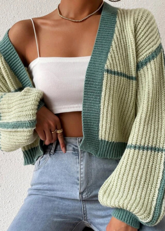 Fashion Green Striped Knit Short Cardigan Fall