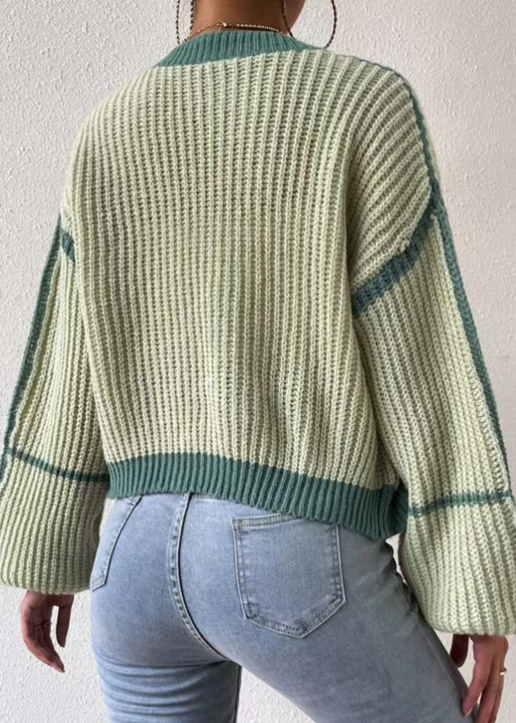 Fashion Green Striped Knit Short Cardigan Fall