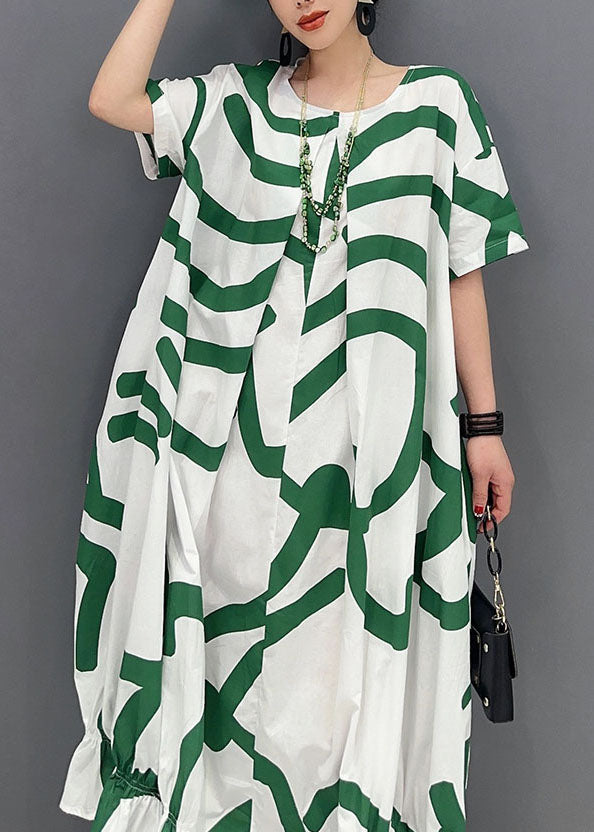 Fashion Green Striped Oversized Wrinkled Cotton Maxi Dresses Summer