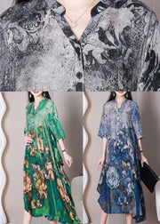 Fashion Green V Neck Oversized Print Silk A Line Dress Half Sleeve