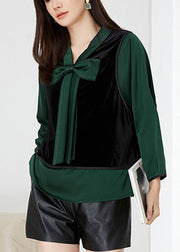 Fashion Green V Neck Patchwork Bow Velour Tops Spring