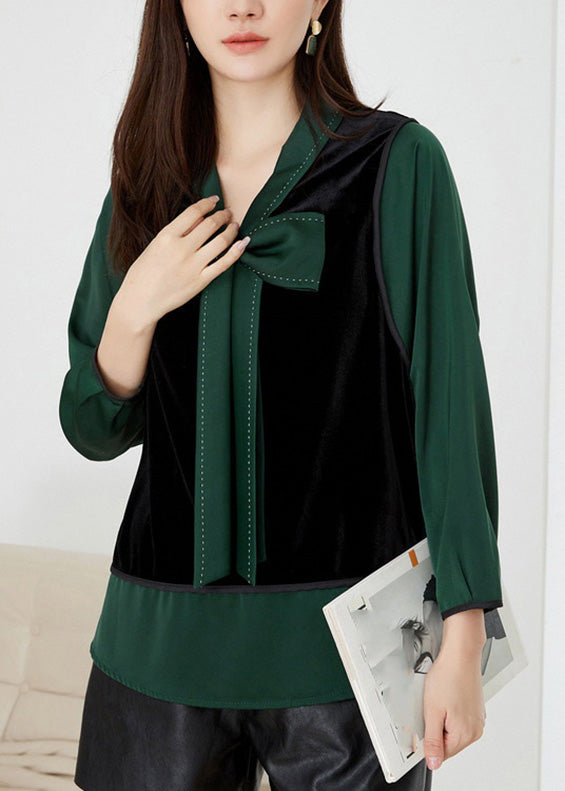 Fashion Green V Neck Patchwork Bow Velour Tops Spring