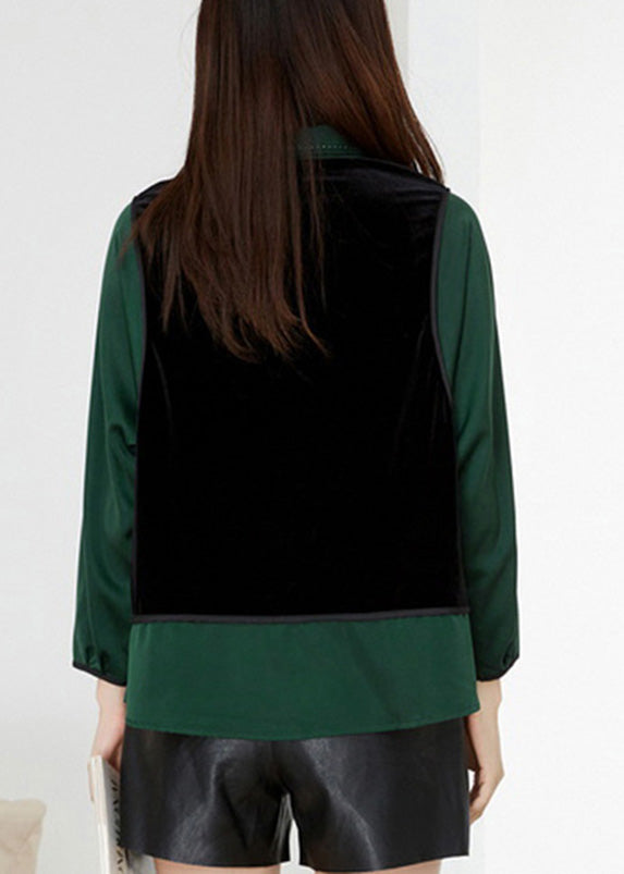 Fashion Green V Neck Patchwork Bow Velour Tops Spring