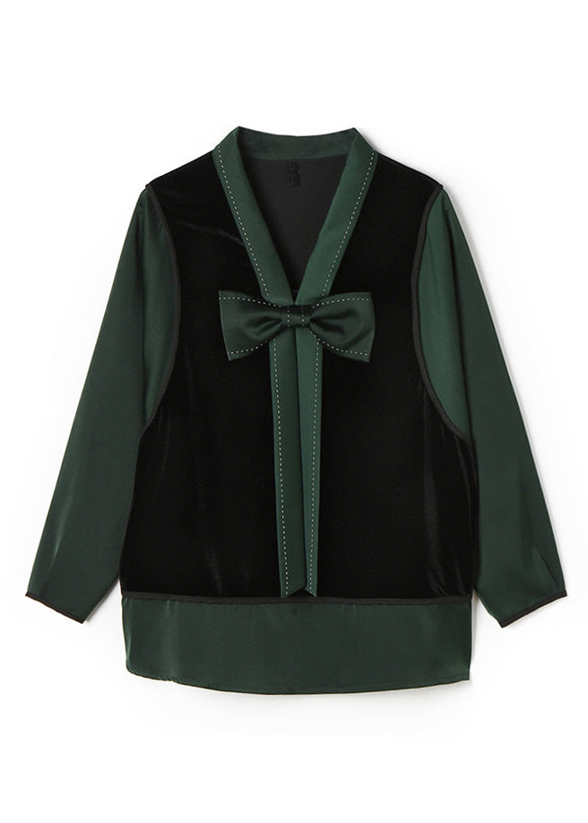 Fashion Green V Neck Patchwork Bow Velour Tops Spring