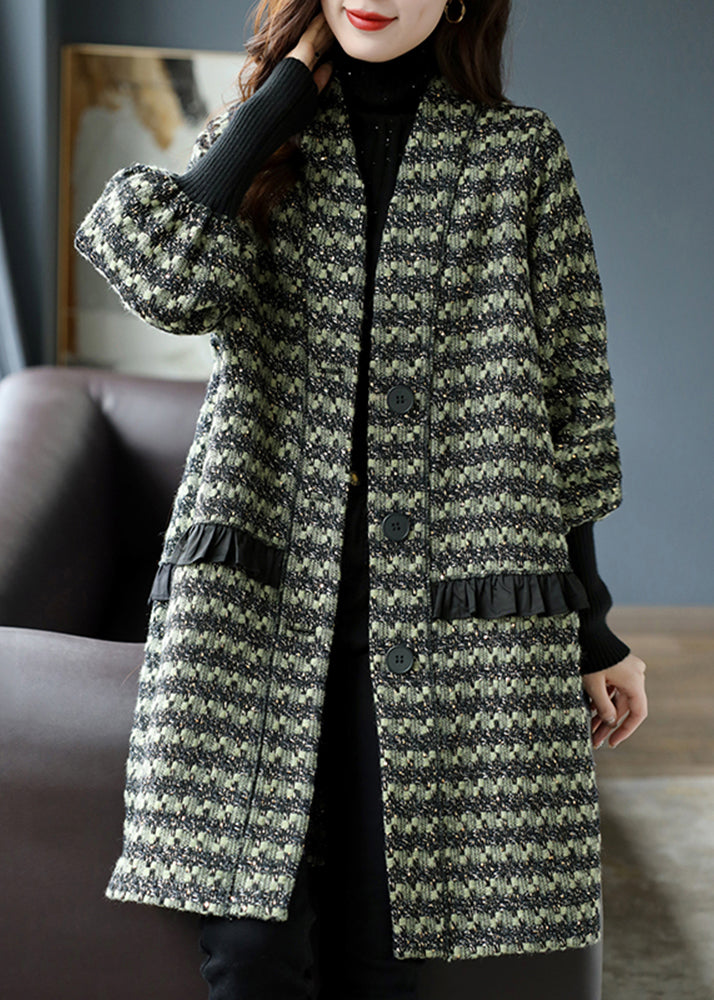 Fashion Green V Neck Ruffled Striped Knit Patchwork Thick Coat Long Sleeve