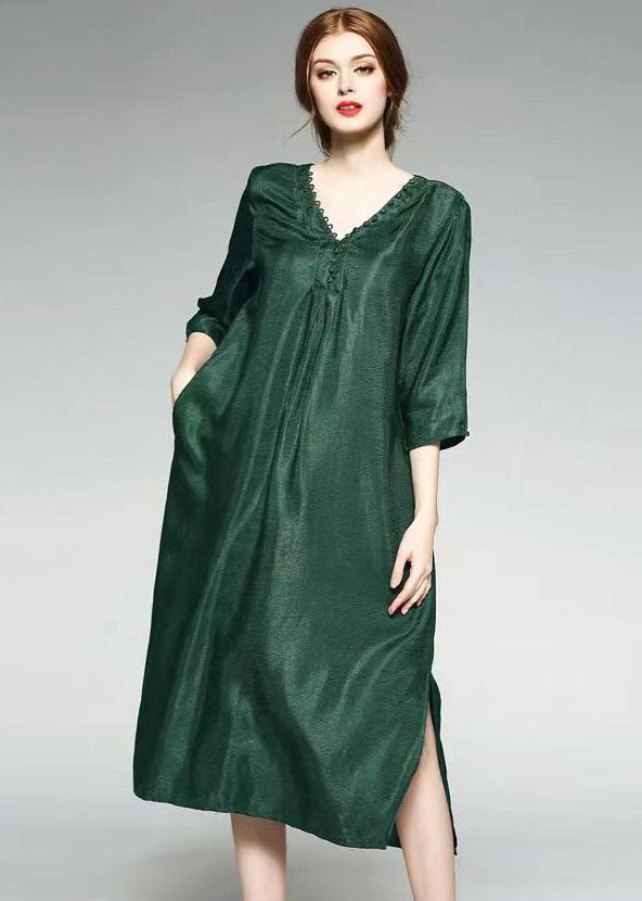 Fashion Green V Neck Wrinkled Jacquard Patchwork Silk Dress Summer