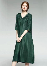 Fashion Green V Neck Wrinkled Jacquard Patchwork Silk Dress Summer