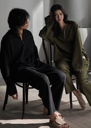 Fashion Green V Neck Zippered Solid Couple Pajamas Two Piece Set Spring