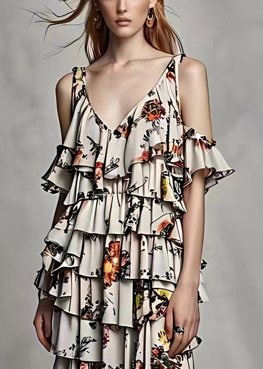 Fashion Grey Cold Shoulder Print Silk Long Dresses Summer