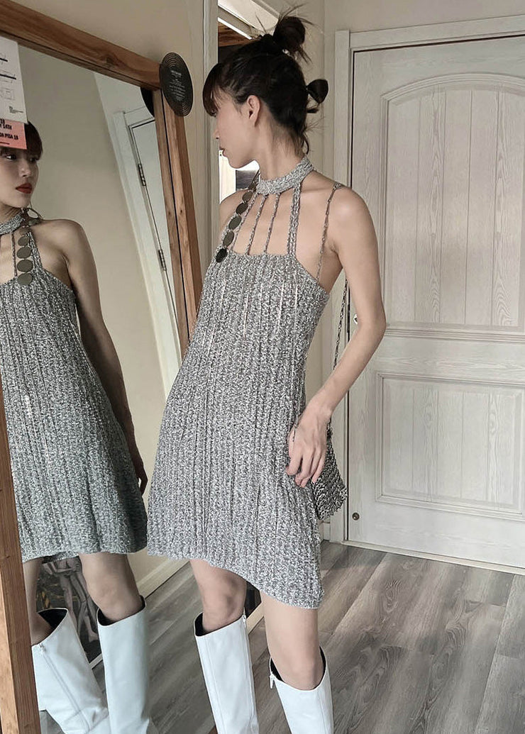 Fashion Grey Cold Shoulder Slim Fit Knit Mid Dress Summer