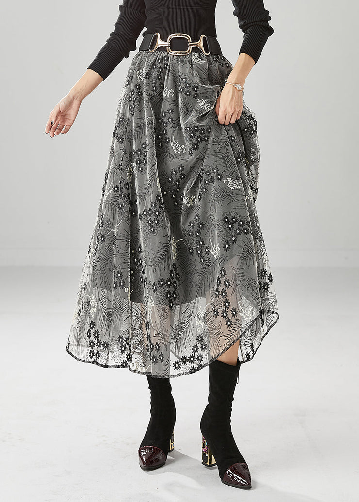 Fashion Grey Embroideried Exra Large Hem Tulle Skirts Fall