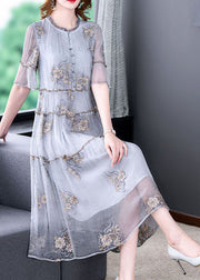 Fashion Grey Embroideried Ruffled Exra Large Hem Silk Holiday Dress Summer