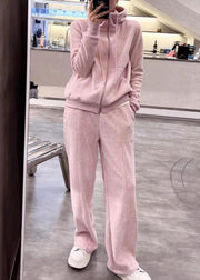 Fashion Grey Hooded Coats And Straight Pants Two Pieces Set Long Sleeve