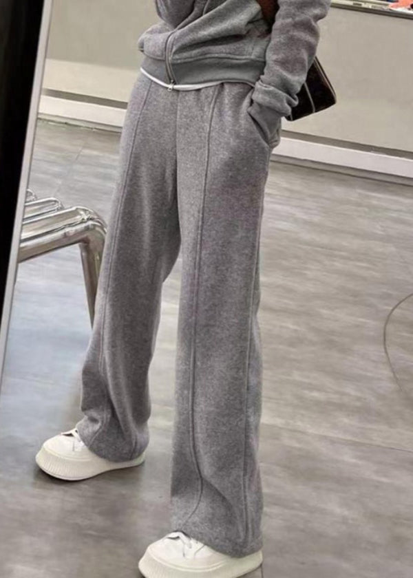 Fashion Grey Hooded Coats And Straight Pants Two Pieces Set Long Sleeve