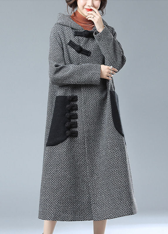 Fashion Grey Hooded Pockets Patchwork Woolen Trench Coats Winter