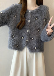 Fashion Grey O Neck Nail Bead Mink Hair Knitted Coat Fall