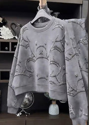 Fashion Grey O-Neck Sequins Sweatshirt Fall