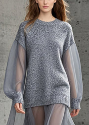 Fashion Grey Oversized Patchwork Tulle Knitted Dress Fall