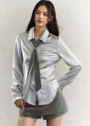 Fashion Grey Peter Pan Collar Button Shirt Fall