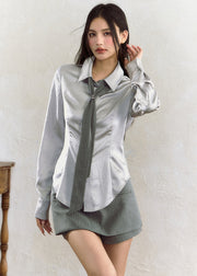 Fashion Grey Peter Pan Collar Button Shirt Fall